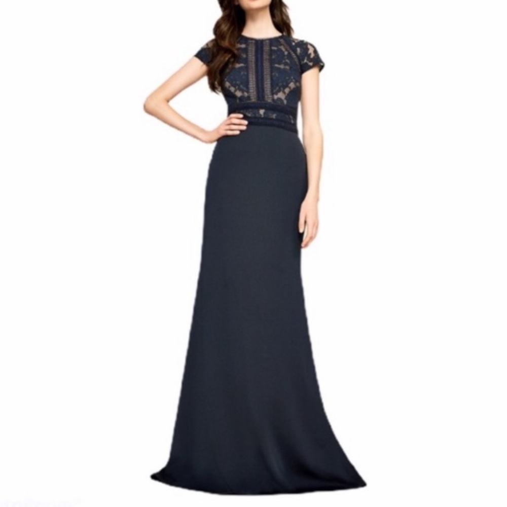 Tadashi Shoji Stana Lace Navy Neoprene Gown Dress
